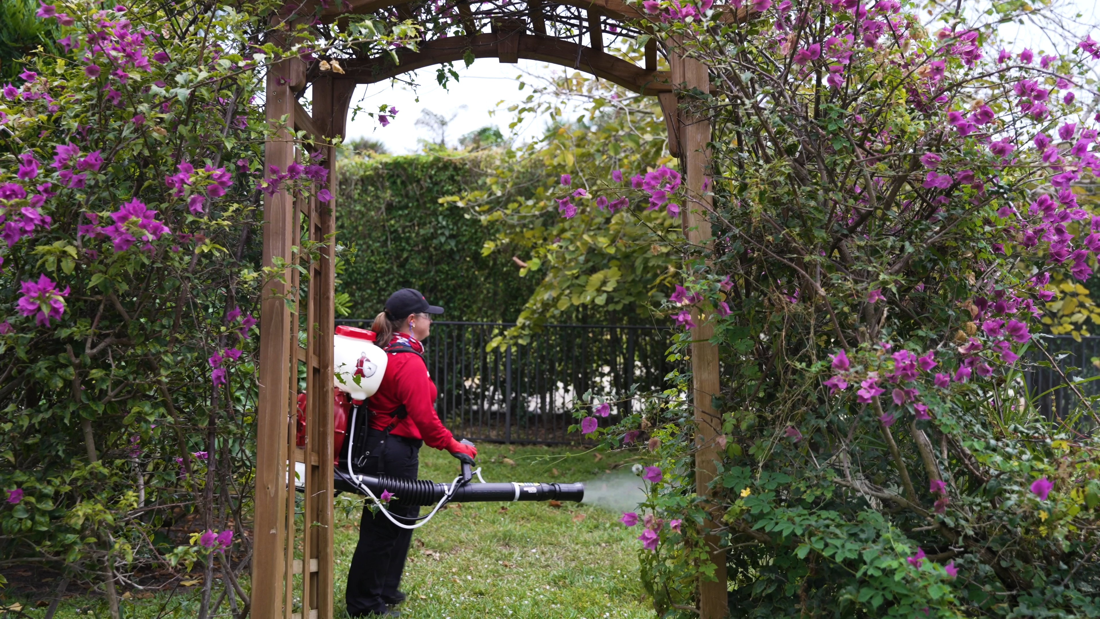 female tech spraying a garden in cape cod