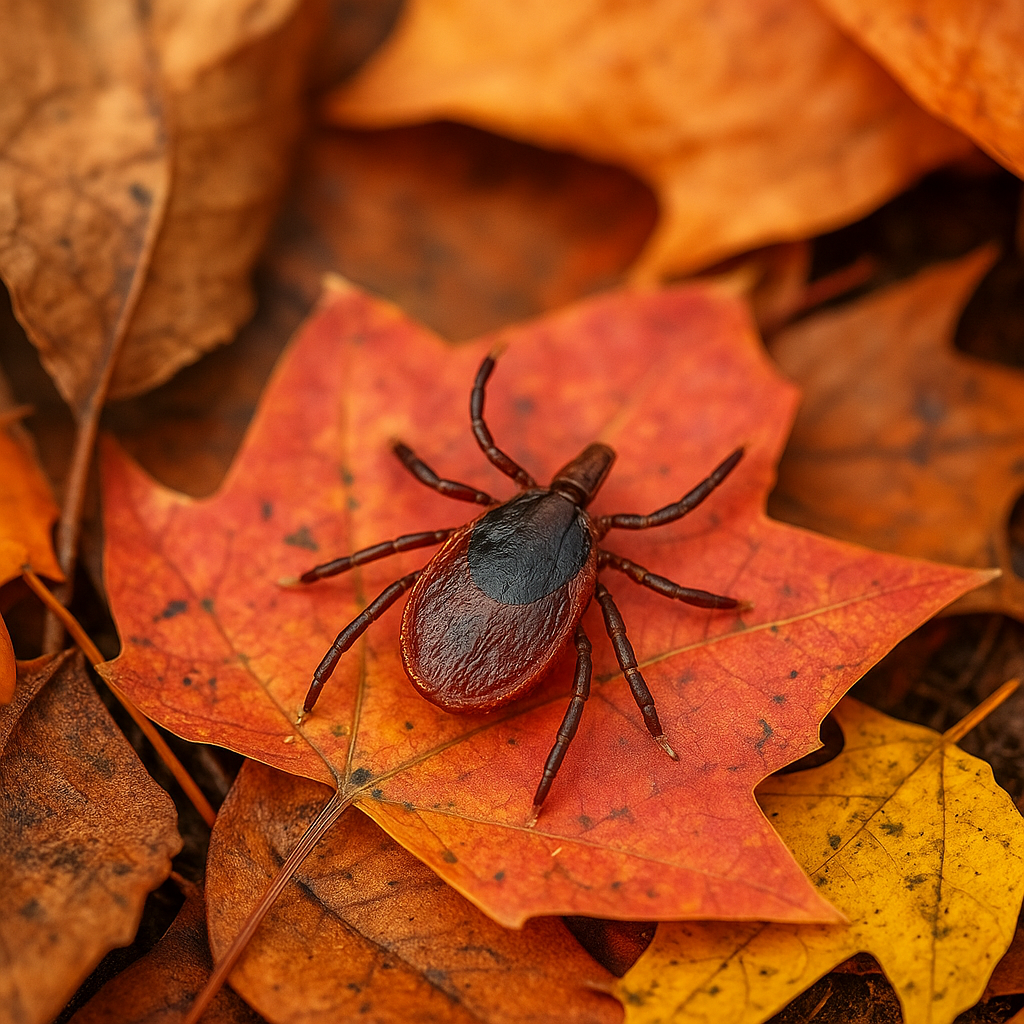 Tick resting on an orange leaf during fall
