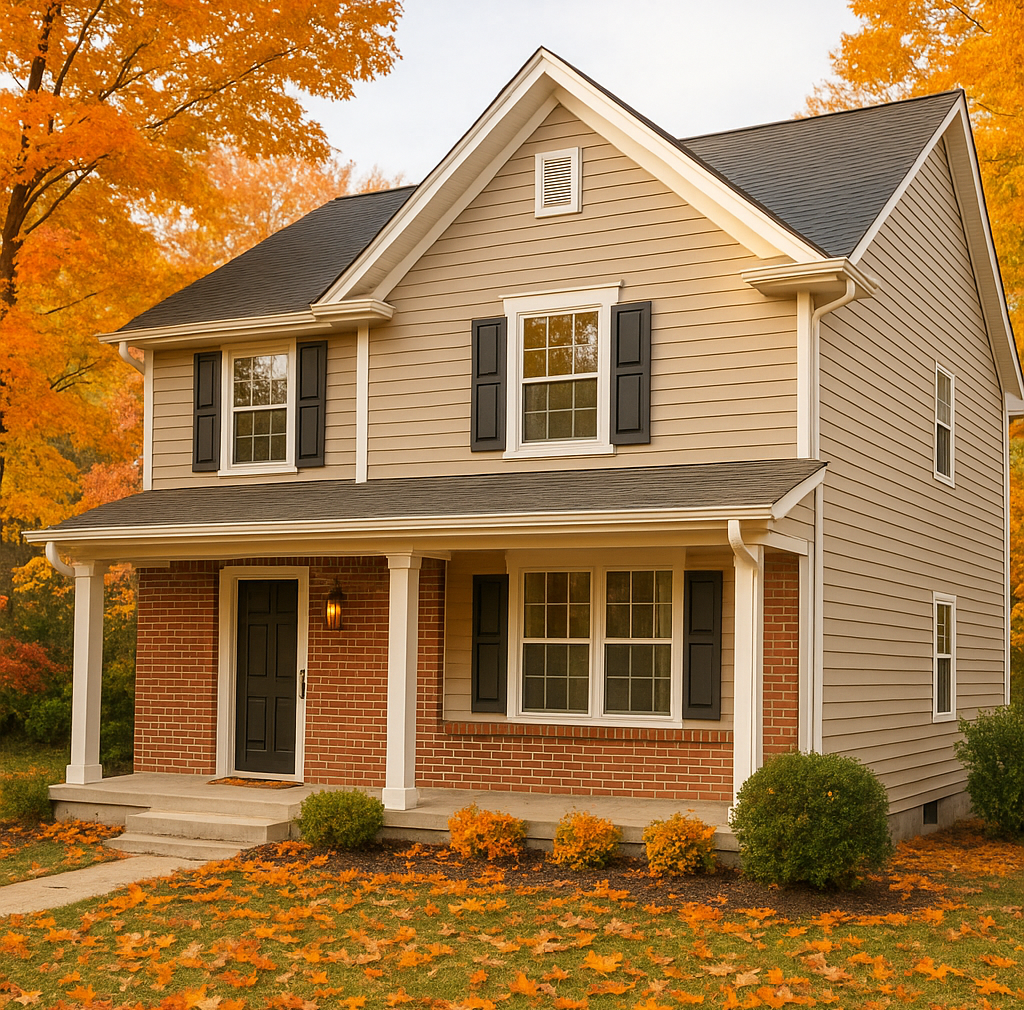 Front yard of house with fall leaves