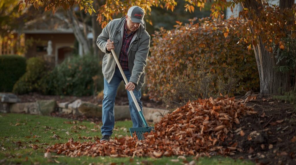homeowner raking leaves to prevent mosquito breeding areas