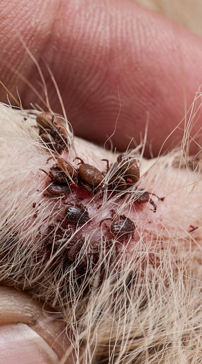 A cluster of ticks on a dog