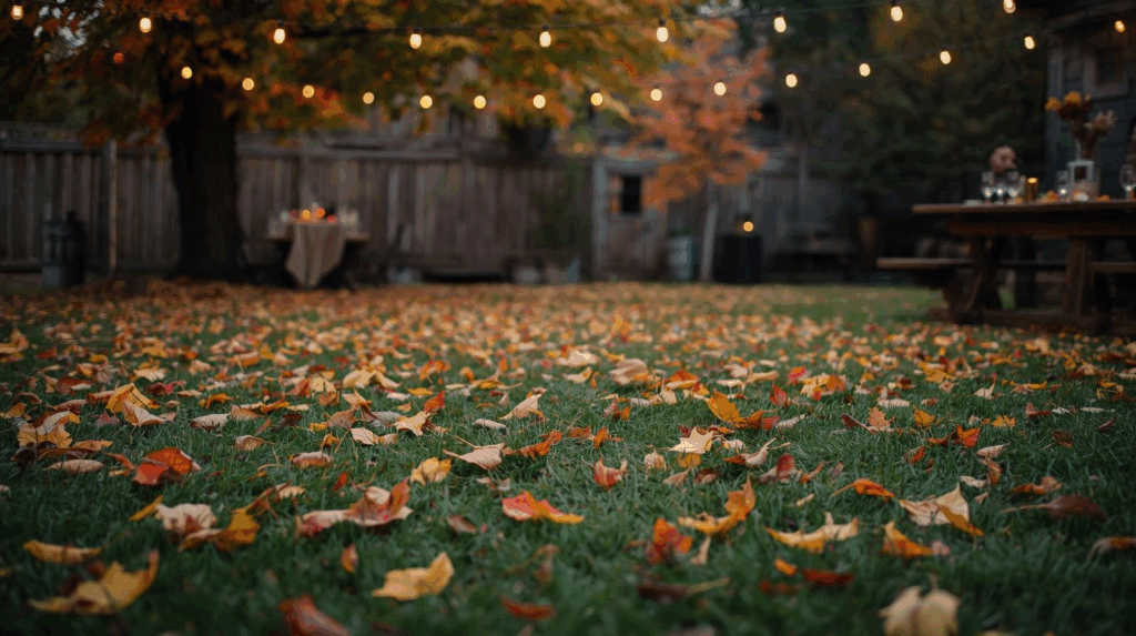 back yard in the fall with decorative lights for an event