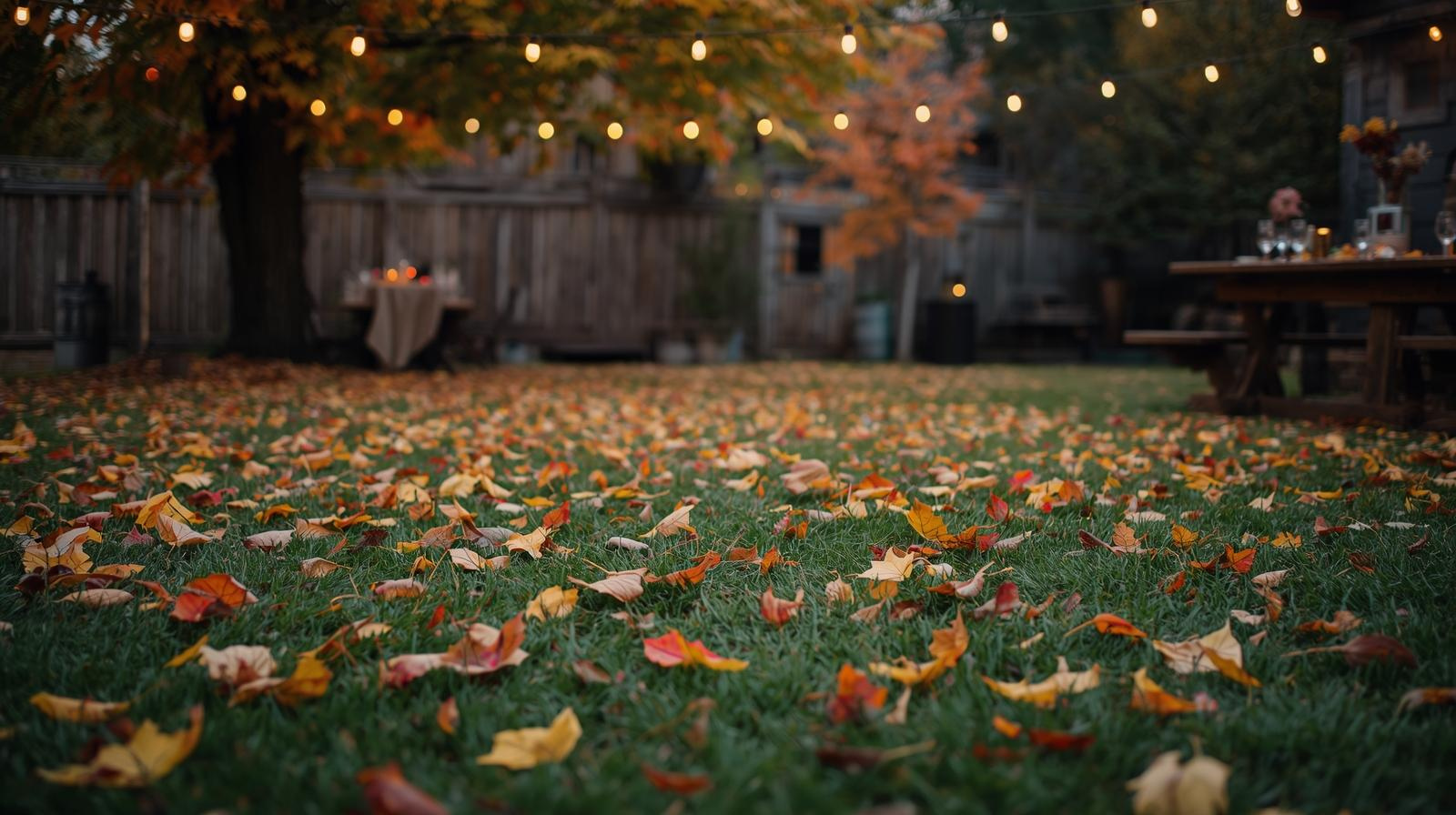 back yard in the fall with decorative lights for an event