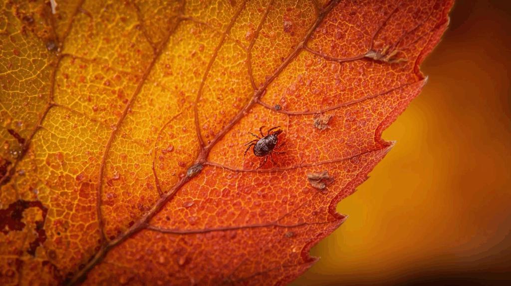 tick hiding under a fall leaf