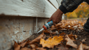homeowner sealing potential entryway for pests before winter