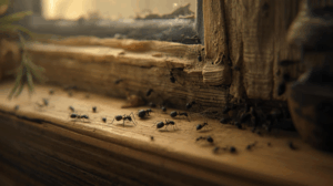 ants moving coming into the house through rotted window hole