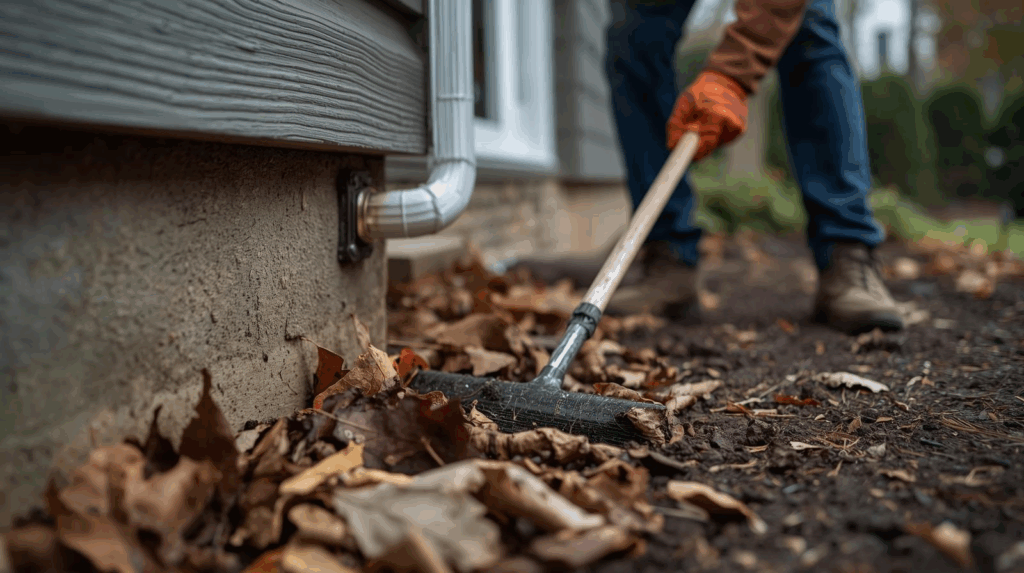 homeowner cleaning fall leaves to winterize home foundation