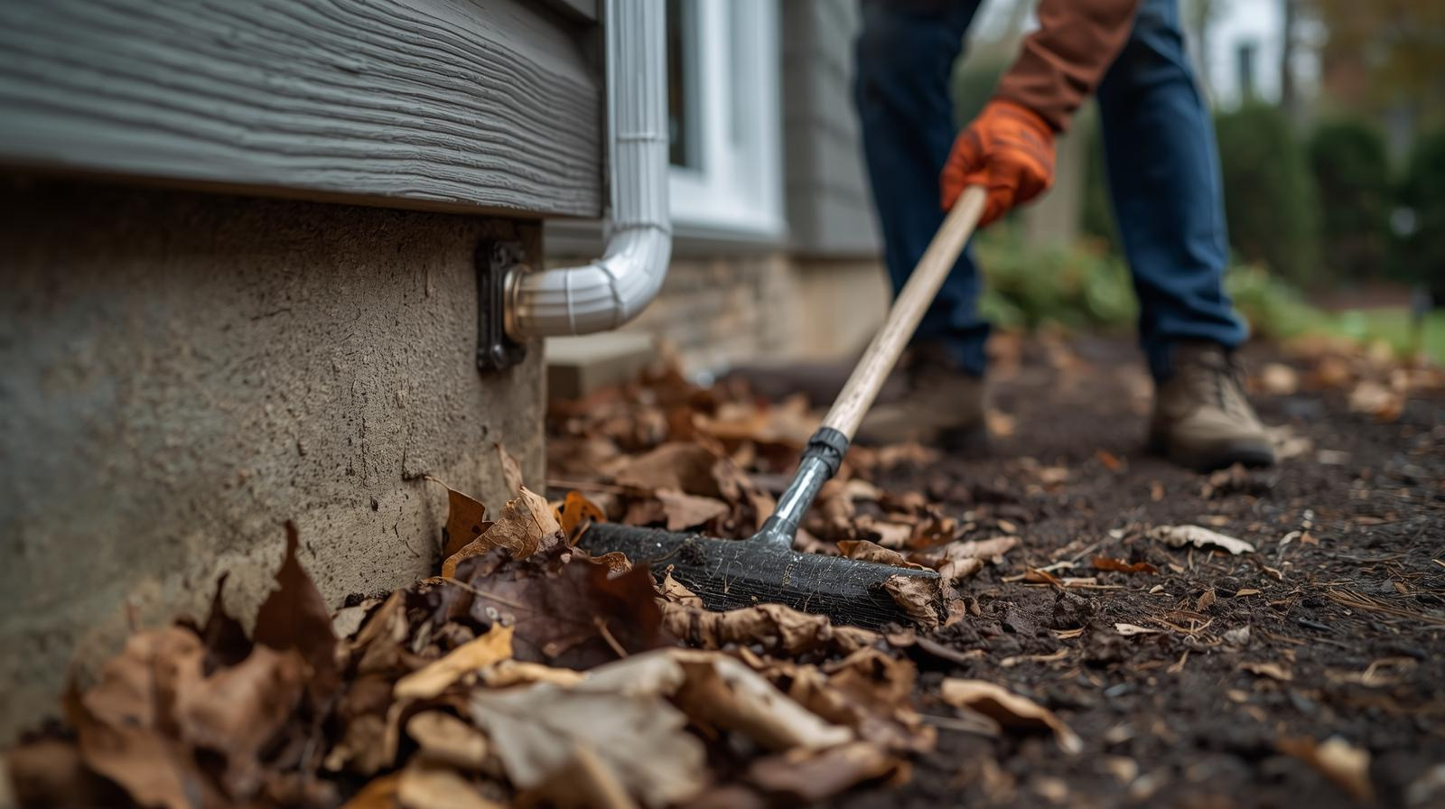 homeowner cleaning fall leaves to winterize home foundation