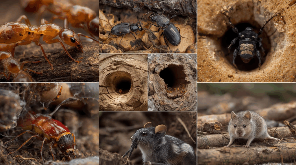 collage of aunts, termites, and rodents living in a firewood stack