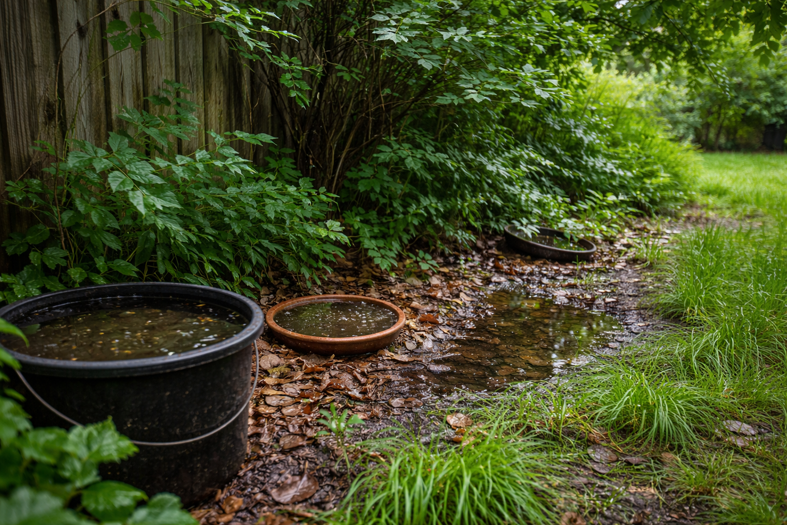 Backyard with pots full of water attract mosquitos