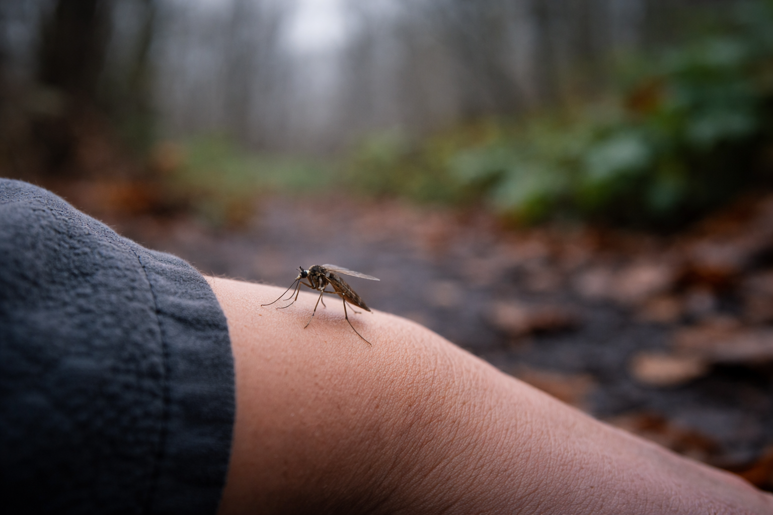 mosquito on hikers arm in winter