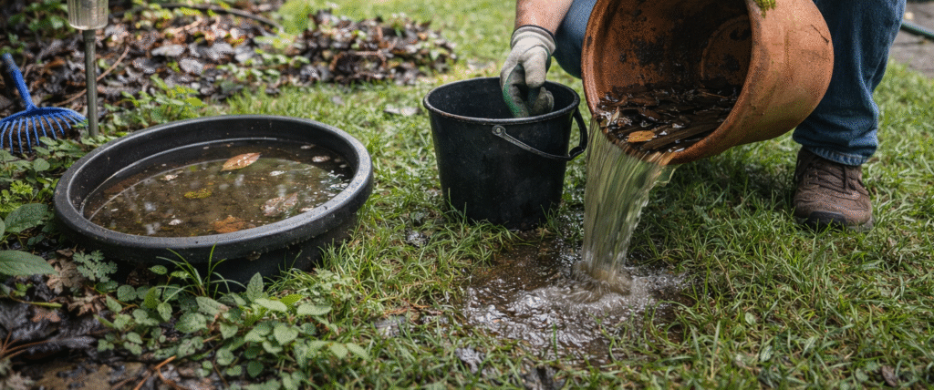homeowner removing standing water and debris from yard before mosquito season