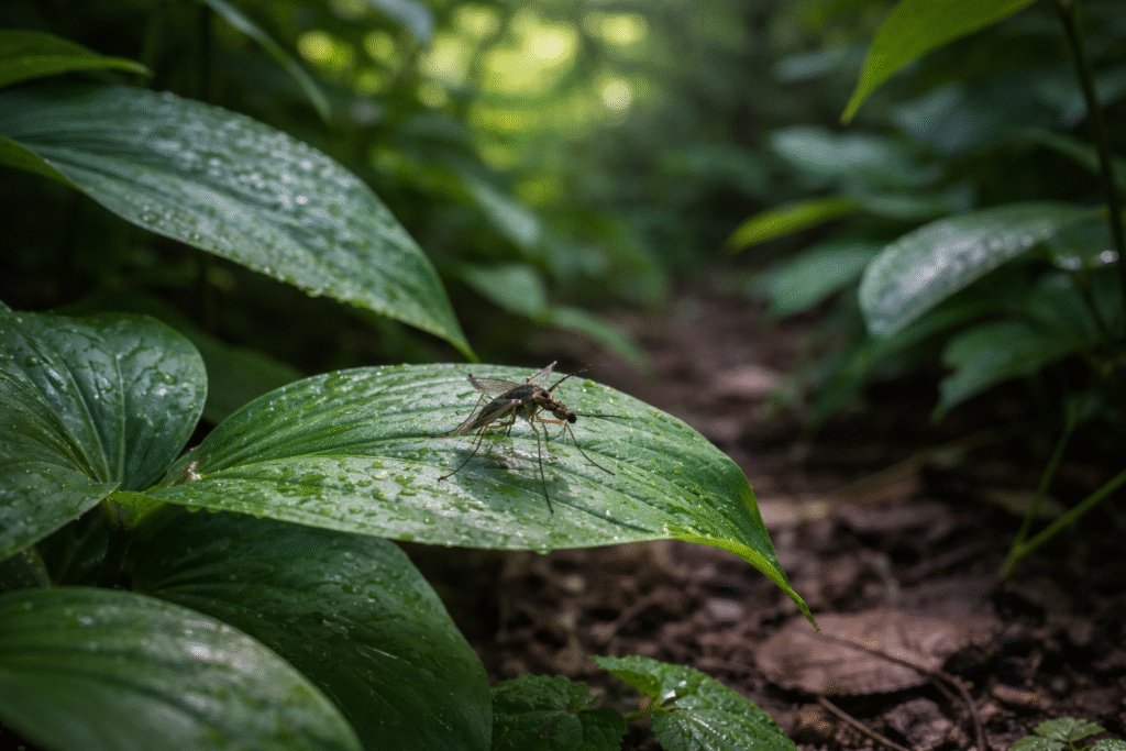 mosquito on dew-covered leaf