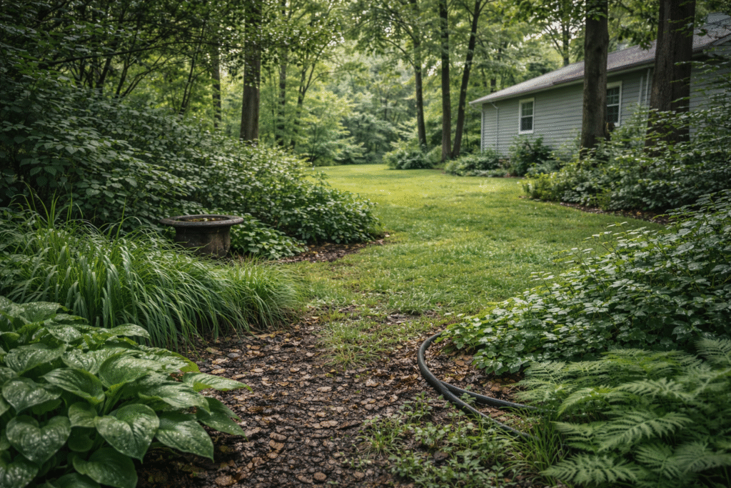 residential yard with shaded vegetation during early mosquito season