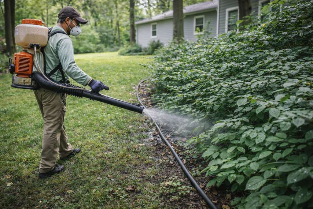 Technician applying mosquito control treatment