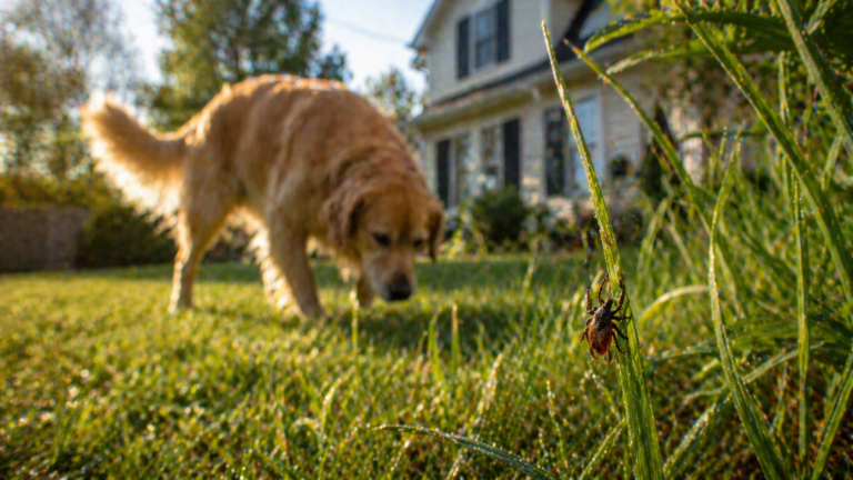 scene of a backyard lawn with a dog walking near tall grass, foreground macro focus on a tick on a blade of grass, shallow depth of field, warm natural lighting