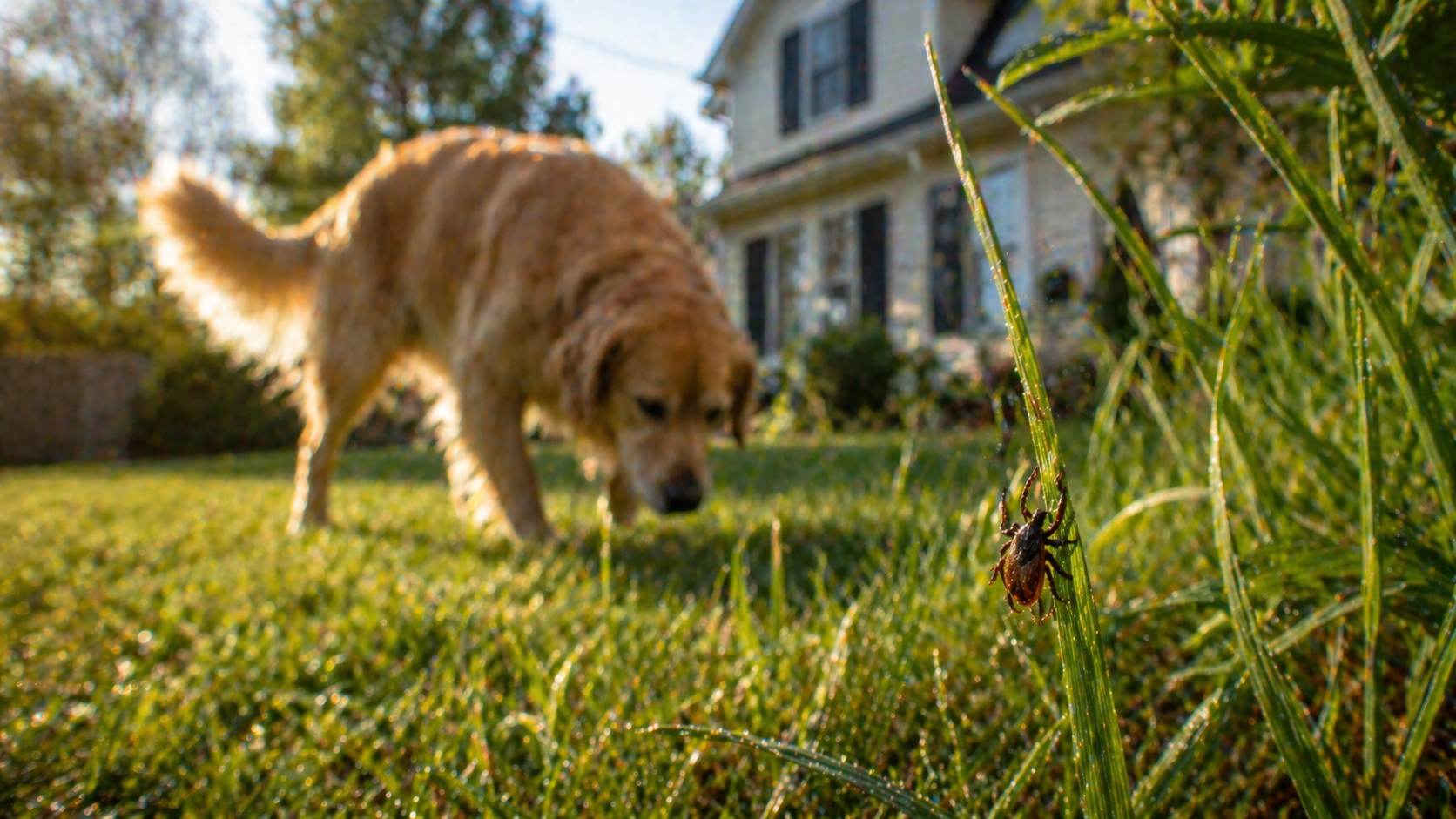 scene of a backyard lawn with a dog walking near tall grass, foreground macro focus on a tick on a blade of grass, shallow depth of field, warm natural lighting