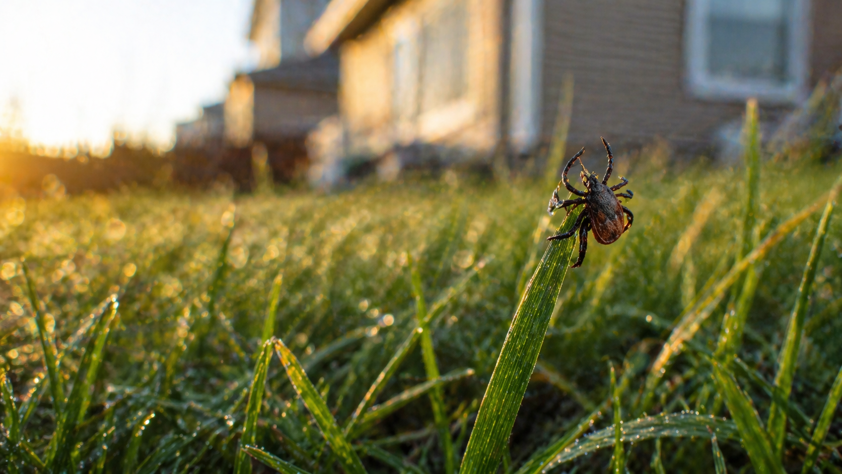 tick climbing a blade of grass at the edge of a suburban backyard, shallow depth of field, soft blurred house and fence in the background, early morning golden light