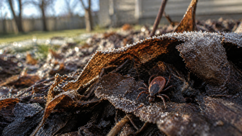 tick emerging from damp leaf litter with light frost, early spring thaw, shallow depth of field, subtle suburban backyard edge in background