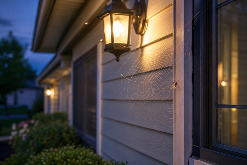 Porch Light Attracts Spiders Near Windows